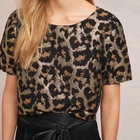 Hutch blouse top sz XS cheetah print textured keyhole tie back black gold - Picture 3 of 10